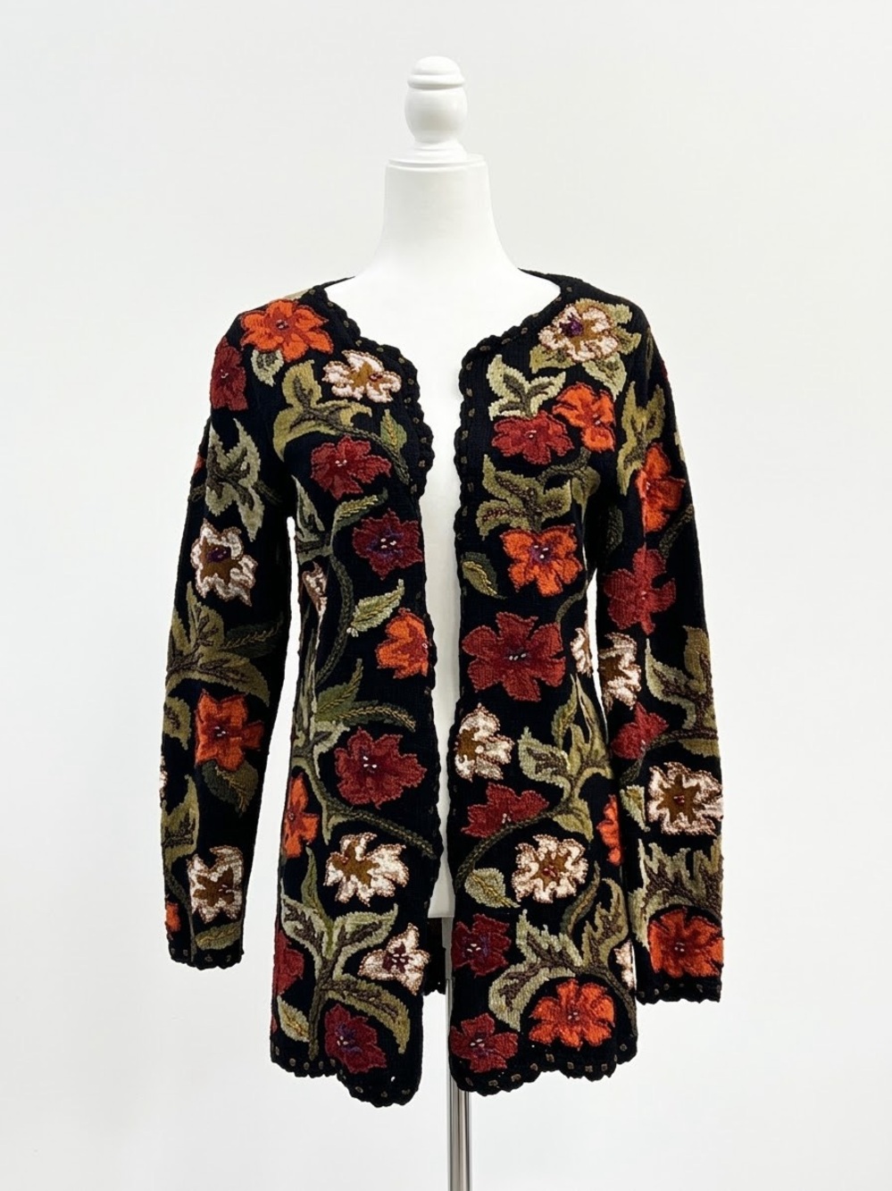 Peruvian Connection Womens Floral Knit Open Front V-Neck Cardigan Sweater M